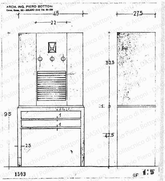 Apparecchio radio con mobile, vista frontale e laterale, scala 1:5, prot. 1503, s.d. Matita su lucido, cm 25,0x22,5. 