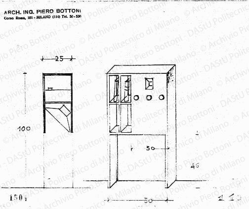 Mobile radio con portadischi, assonometria e sezione, scala 1:10, prot. 1504, s.d. Matita su lucido, cm 17,8x22,8. 