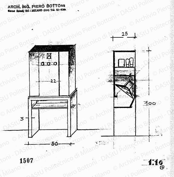 Mobile radio, assonometria e sezione, scala 1:10, prot. 1507, s.d. Matita su lucido, cm 20,6x19,6.