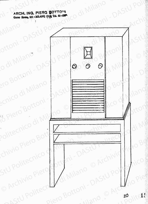 Apparecchio radio con mobile, assonometria, scala 1:5, prot. 1508, s.d. Matita su lucido, cm27,1x22,1. 