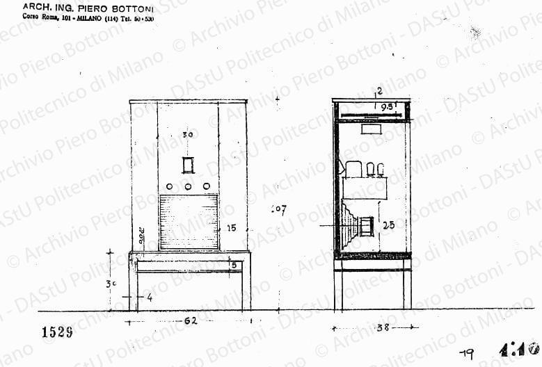 Apparecchio radio con mobile, vista frontale e sezione, scala 1:10, prot. 1529, s.d. Matita su lucido, cm 19,5x29,6. 