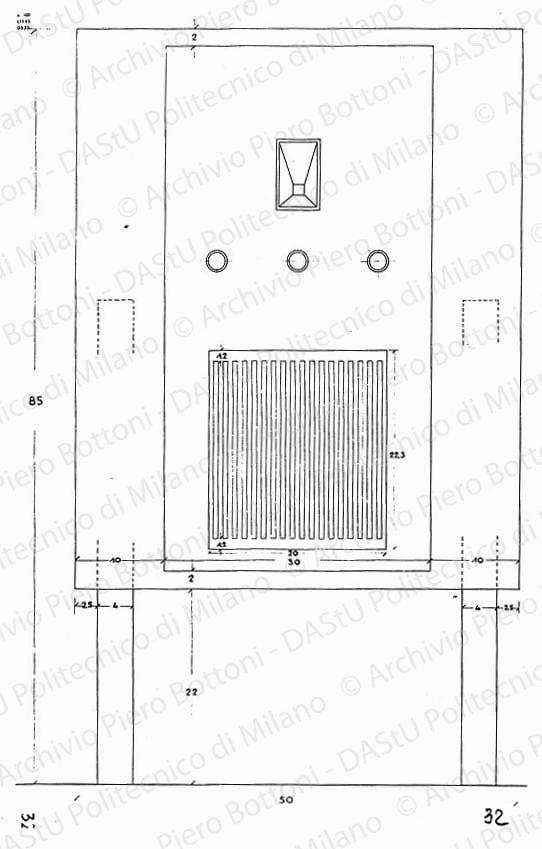 Apparecchio radio (con griglia verticale), vista frontale, scala 1:1, s.d. China su lucido, cm89,2x70,6. 