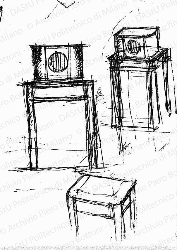 Schizzi apparecchio radio Baby con mobili, s.d. Matita su carta, cm 28,0x21,9. 