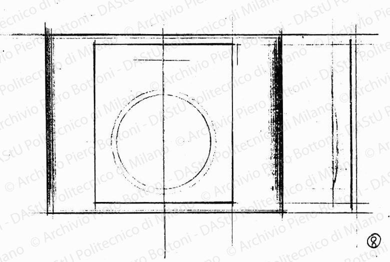 Studio apparecchio radio Baby, fronte, scala 1:2, s.d. Matita su lucido, cm 17,5x30,0. 