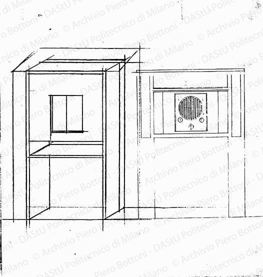 Studi mobile per radio Baby, fronte e assonometria, scala 1:5, s.d. Matita su lucido, cm 29,9x30,6.