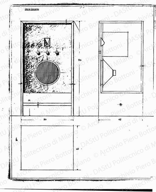 Apparecchio radio Consoletta, pianta, sezione e vista frontale, scala 1:2, s.d. Matita su carta, cm 83,0x68,3. 