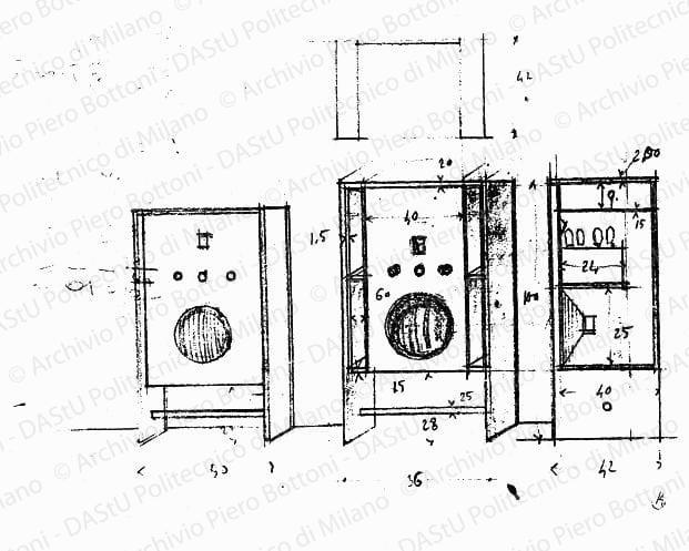 Studi di radio Consoletta e Fonoletta, assonometrie e sezione, scala 1:10, s.d. Matita su lucido, cm19,3x26,5. 