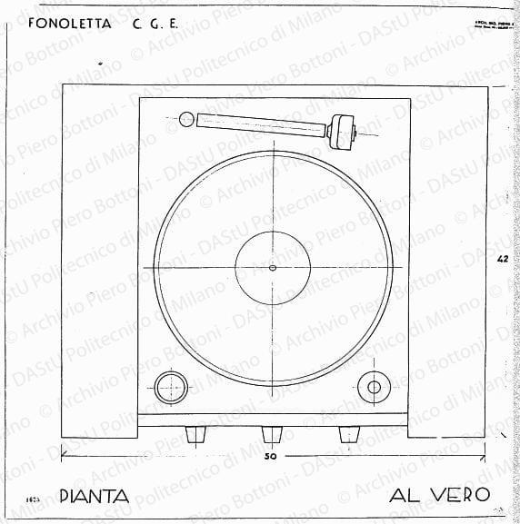 Fonoletta C.G.E., pianta, scala 1:1, prot. 1625, s.d. China su lucido, cm 61,3x59,5. 