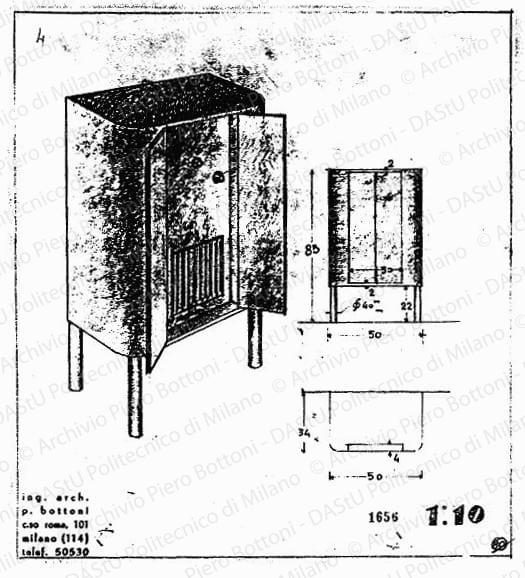 Mobile radio con ante apribili, pianta, vista frontale e assonometria, scala 1:10, prot. 1656, s.d. Matita su lucido, cm 30,2x27,5. 