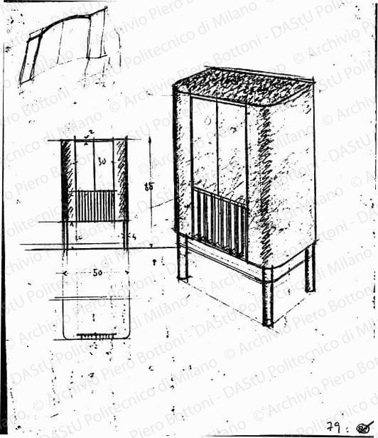 Mobile radio con ante apribili e griglia audio in vista, pianta, vista frontale e assonometria, scala 1:10, s.d. Matita su carta, cm 33,6x28,4. 