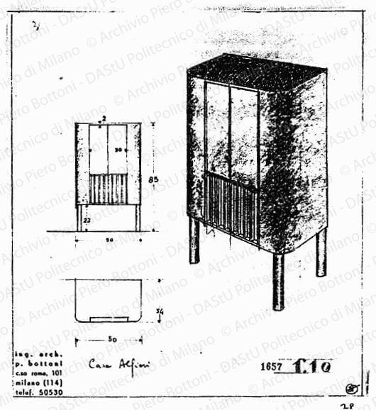 Mobile radio con ante apribili e griglia audio in vista, pianta, vista frontale e assonometria, scala 1:10, prot. 1657, s.d. Matita su lucido, cm 29,9x27,5. Annotazione manoscritta: Casa Alfieri. 