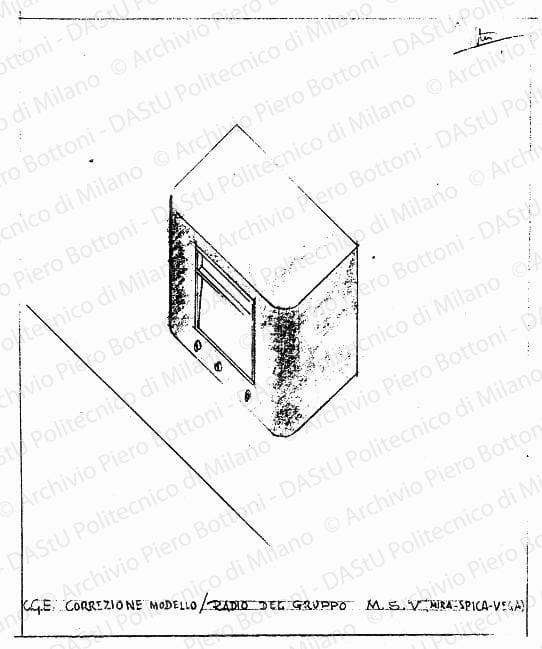 C.G.E. correzione modello/radio del gruppo M.S.V. (Mira-Spica-Vega), assonometria, s.d. Matita su lucido, firmato da P. Bottoni, cm 29,9x22,6. 
