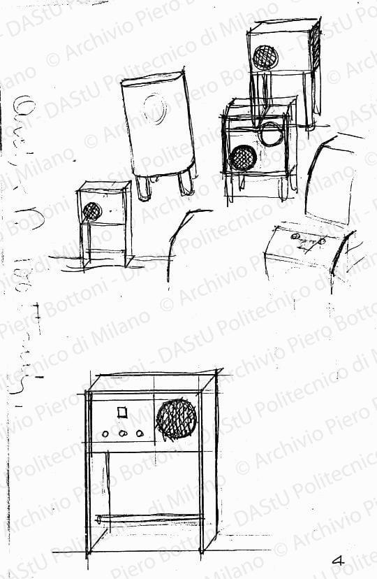 Schizzi di mobili radio, s.d. Matita su carta, firmata da P. Bottoni, cm 35,6x18,2. 
