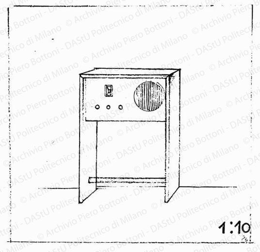 Studio di apparecchio radio, vista prospettica, scala 1:10, s.d. Matita su lucido, cm 16,3x16,6. 