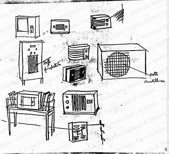 Schizzi di involucri per radio, s.d. Matita su carta, cm 25,4x28,7. 
