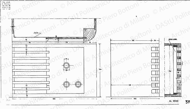 Apparecchio radio, fronte, fianco e sezioni, scala 1:1, prot. 1713, s.d. China su lucido, cm 45,0x82,0. 