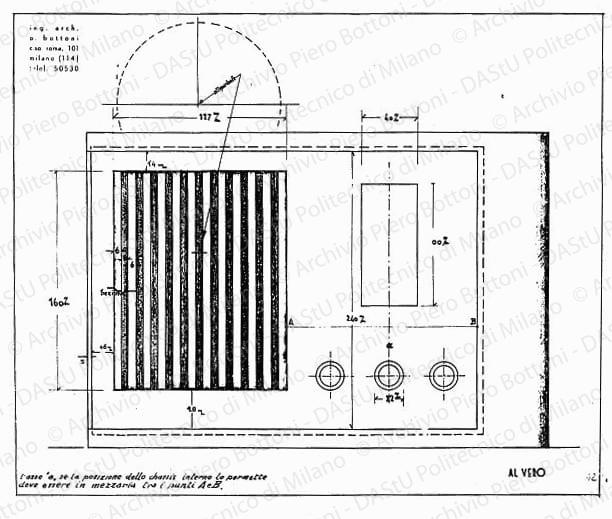 Apparecchio radio "Audioletta", fronte, scala 1:1, s.d. China e matita su lucido, cm 35,5x43,2.