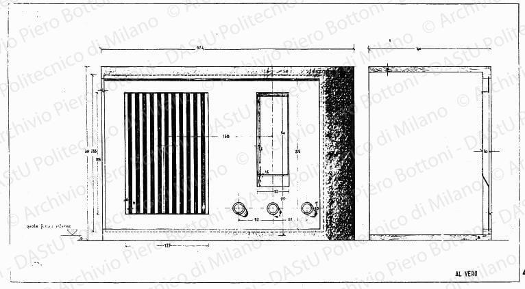 Apparecchio radio "Audioletta", fronte e sezione, scala 1:1, prot. 1724, s.d. China e matita su lucido, cm 42,0x76,5.