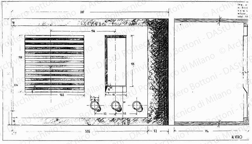 Apparecchio radio "Audioletta", fronte e sezione, scala 1:1, prot. 1725, s.d. China e matita su lucido, cm 34,2x60,7.