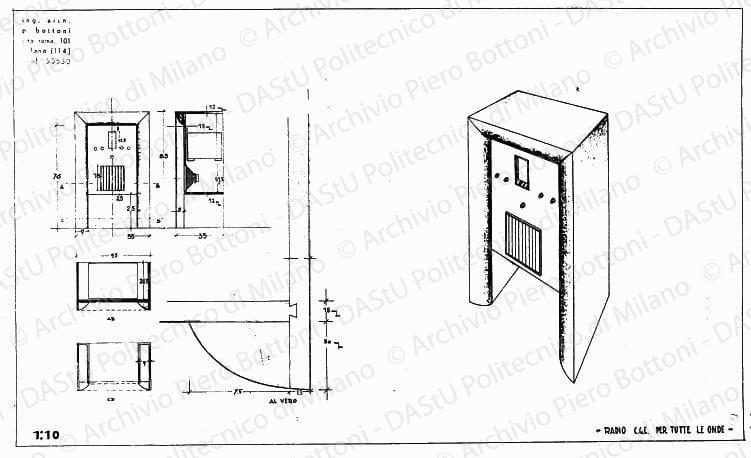 Radio C.G.E. per tutte le onde, fronte, sezioni, dettaglio e assonometria, scala 1:1, 1:10, s.d. China e matita su lucido, cm 32,1x53,4. 