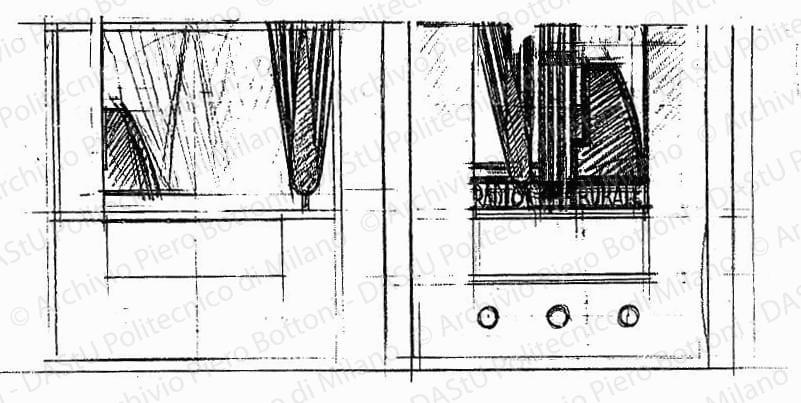 Studi di Radio Rurale, fronte, scala 1:2, s.d. Matita su lucido, cm 25,8x51,5. 