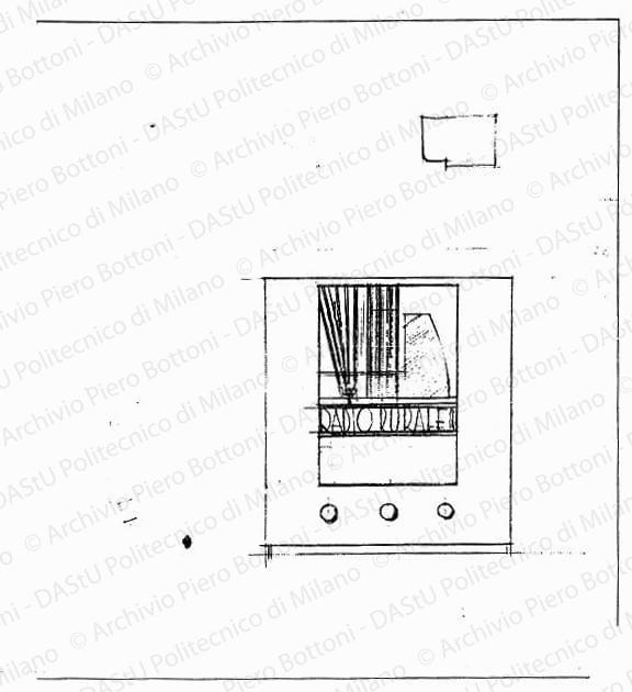 Studio di Radio Rurale, fronte, scala 1:2, s.d. Matita su lucido, cm 49,5x43,2. Schizzi a matita.