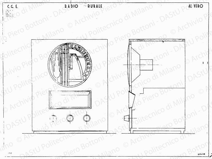 C.G.E., Radio Rurale, fronte e sezione, scala 1:1, prot. 1940, 22 febbraio 1935. China e matita su lucido, cm 74,4x98,7. 