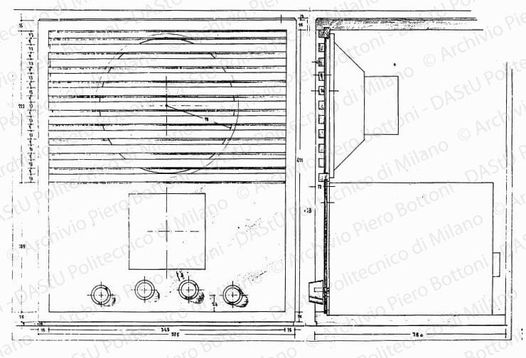 Apparecchio radio, fronte e sezione, scala 1:1, s.d. China e matita su lucido, cm 48,9x73,3. 
