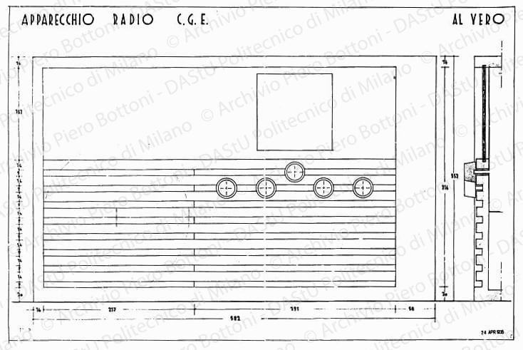 Apparecchio radio C.G.E., fronte e sezione, scala 1:1, prot. 1959, 24 aprile 1935. China e matita su lucido, cm 49,0x74,5. 