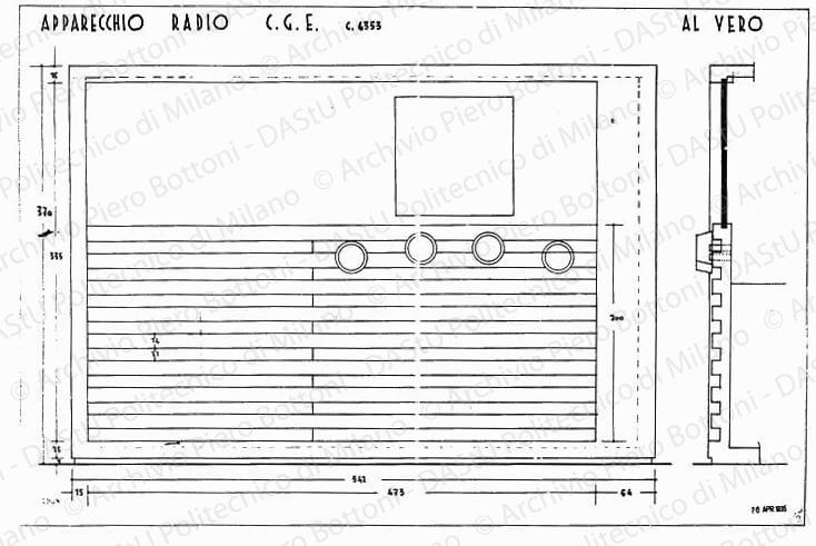 Apparecchio radio C.G.E. C.6353, fronte e sezione, scala 1:1, prot. 1958, 26 aprile 1935. China e matita su lucido, cm 48,5x73,5. 