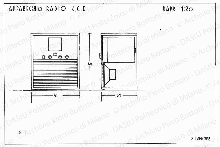 Apparecchio radio C.G.E., fronte e sezione, scala 1:20, prot. 1961, 26 aprile 1935. China e matita su lucido, cm 24,7x36,6. 