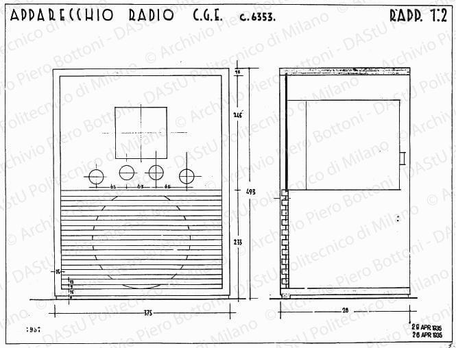 Apparecchio radio C.G.E. C.6353, fronte e sezione, scala 1:2, prot. 1957, 29 aprile 1935. China e matita su lucido, cm 38,8x49,4. 
