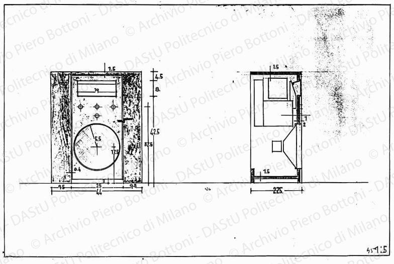 Apparecchio radio, fronte e sezione, scala 1:5, s.d. China e matita su lucido, cm 25,3x38,2. 