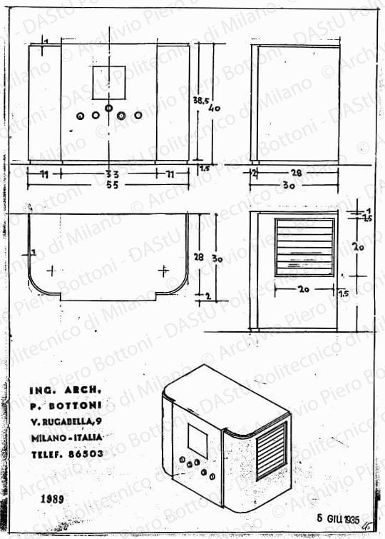 Apparecchio radio, pianta, fronte, fianco, sezione e assonometria, scala 1:5, prot. 1989, 5 giugno 1935. China su lucido, cm 36,3x25,4. 