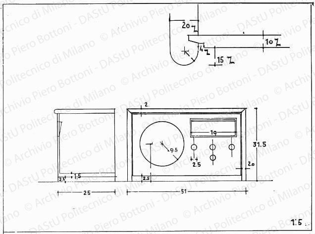 Apparecchio radio, fronte, sezione e dettaglio, scala 1:1, 1:5, s.d. China e matita su lucido, cm 20,1x27,2. 