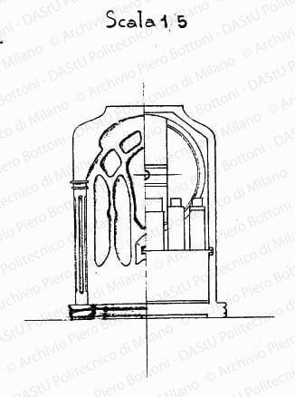 Apparecchio radio, fronte-sezione, scala 1:5, s.d. Matita su lucido, cm 33,4x19,2. 