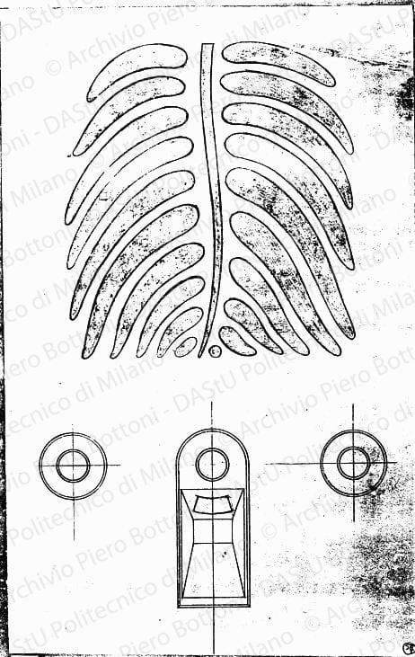 Particolare di griglia audio, di quadrante luminoso e manopole, scala 1:1, s.d. Matita su lucido, cm 53,1x33,7. 