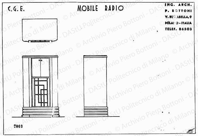 C.G.E., mobile radio, pianta, fronte e fianco, scala 1:10, prot. 2003, s.d. China su lucido, cm 26,1x36,5.