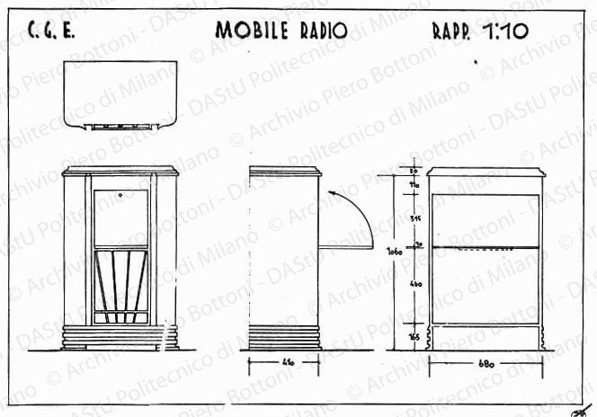 C.G.E., mobile radio, pianta, fronte, fianco e sezione, scala 1:10, s.d. China su lucido, cm 25,7x37,0. 