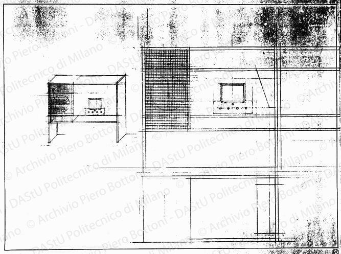Studio di mobile radio, pianta, fronte e assonometria, scala 1:5, 1:10, s.d. Matita su lucido, cm 38,0x48,7. 