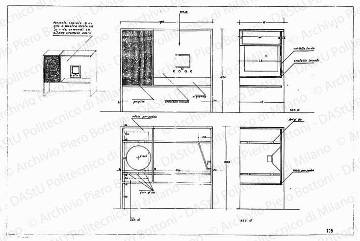 Mobile radio, fronte, sezioni e assonometria, scala 1:5, 1:10, 20 giugno 1936. China e matita su lucido, cm 49,0x74,0. 
