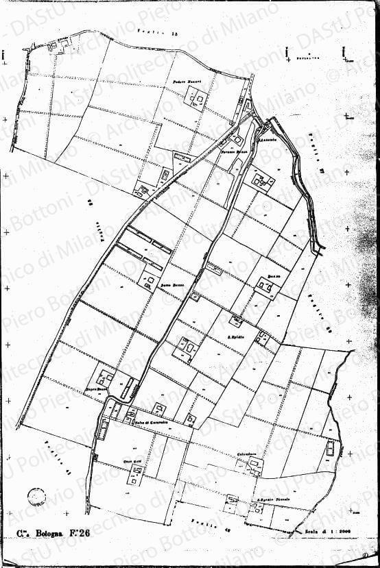 C.ne di Bologna, Foglio 26, planimetria catastale, scala 1:2000, aggiornato 1931. Matita rosa su stampa su carta, cm 100,2x66,0. Annotazioni a matita. 