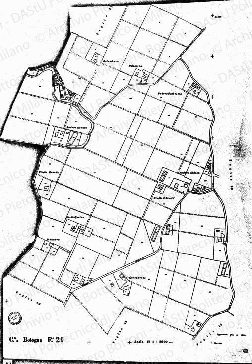 C.ne di Bologna, Foglio 29, planimetria catastale, scala 1:2000, aggiornato 1931. Matite colorate su carta, cm 88,8x60,8. 