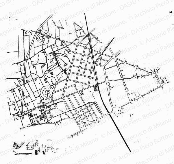Planimetria area fiera, scala 1:2000, s.d. China su lucido, cm 70,7x59,0. Schizzi a matita verde.