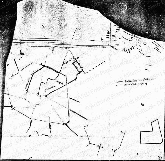 Schema dei collegamenti viari con l'area della Fiera, planimetria, s.d. Matite colorate su lucido, cm 29,3x41,0. 