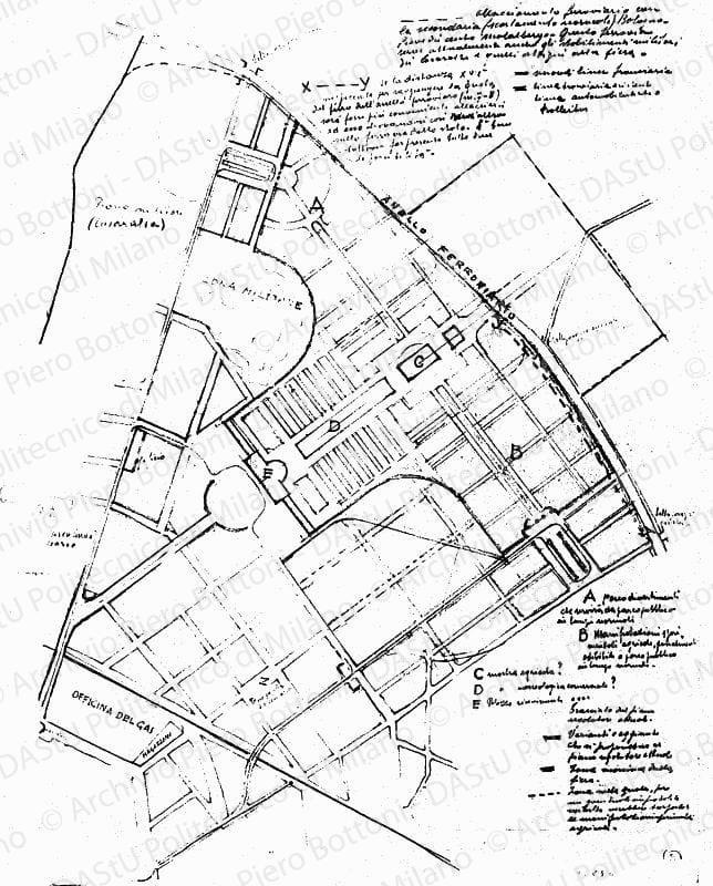 Studio dell'impianto generale, planimetria, scala 1:2000, s.d. Matite colorate su lucido, cm 52,4x36,6. 