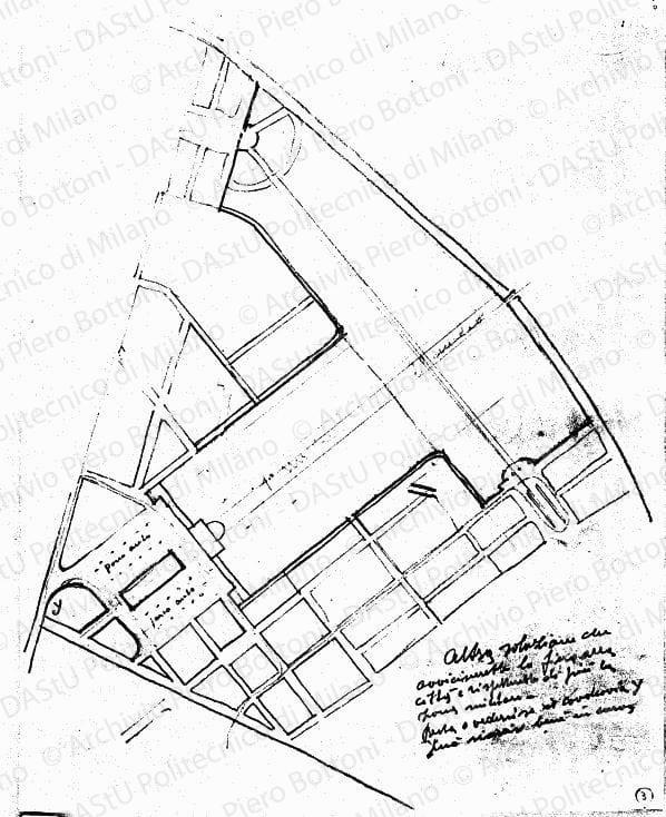 Studio dell'impianto generale, planimetria, scala 1:2000, s.d. Matite colorate su lucido, cm 46,5x35,4. 