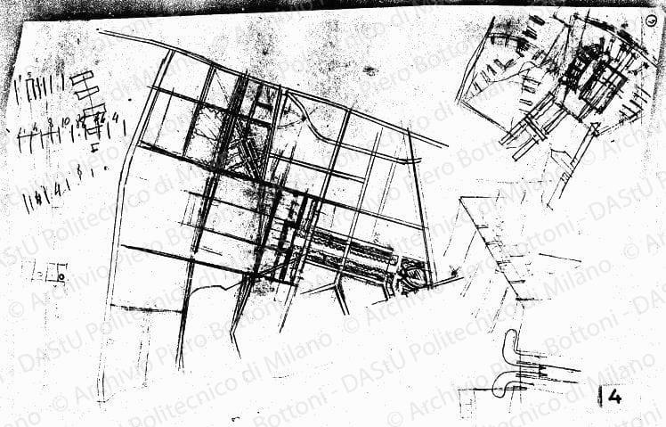 Studio dell'impianto generale e schizzi di alcune parti, planimetrie, scala 1:2000, s.d. Matita e matita verde su lucido, cm 62,0x40,4. 