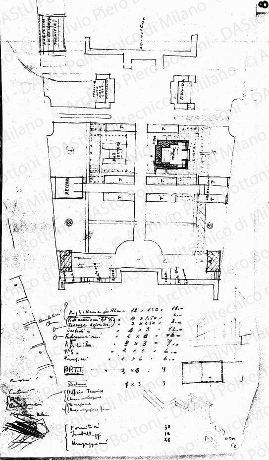 Schizzo planimetrico dell'impianto generale con destinazioni d'uso, s.d. Matita e matite colorate su lucido, cm 62,4x34,5. 