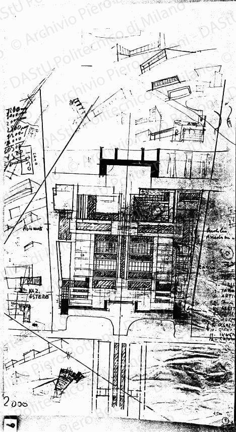 Studio dell'impianto generale, planimetria e schizzi prospettici, scala 1:500, s.d. Matita e matite colorate su lucido, cm 70,7x39,5. 